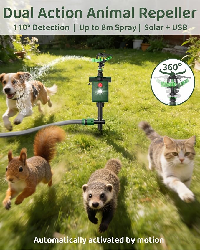 Animal Repellent Motion-Activated Water Sprinkler, Solar Powered Outdoor Animal Deterrent with Flashing Light, IP65 Waterproof for Deer, Cats, Dogs, Raccoons, Garden & Lawn Protection