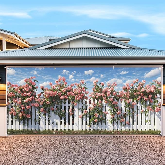 6 * 13FT Summer Rose Garage Door Cover Decorations Rose Garage Door Banner for Outdoor Indoor Summer Party Photography Backdrop