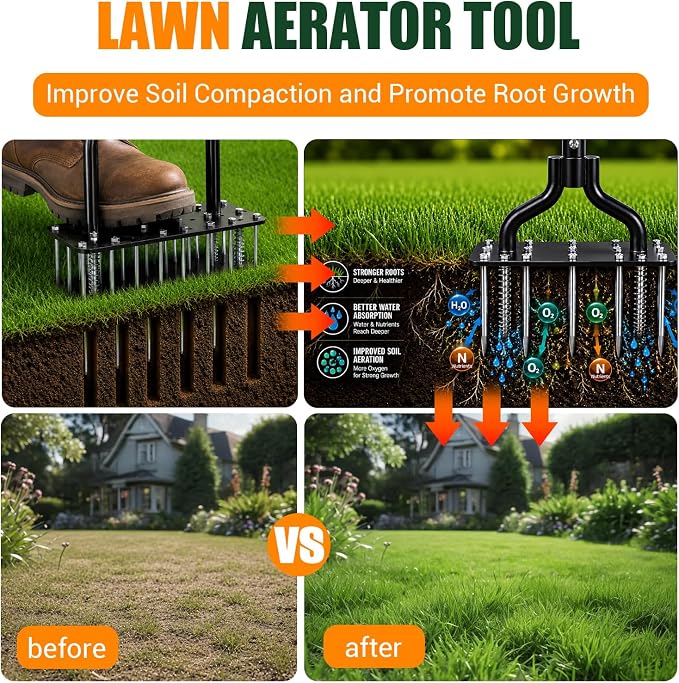 Lawn Aerator Tools, 3 Height Manual Yard Aerator with Self-Cleaning Design | Heavy Duty Adjustable Lawn Air Aerator Tool with 15 Long Iron Spikes, for Lawn Care, Hard Soil Loosening and Yard Aerating