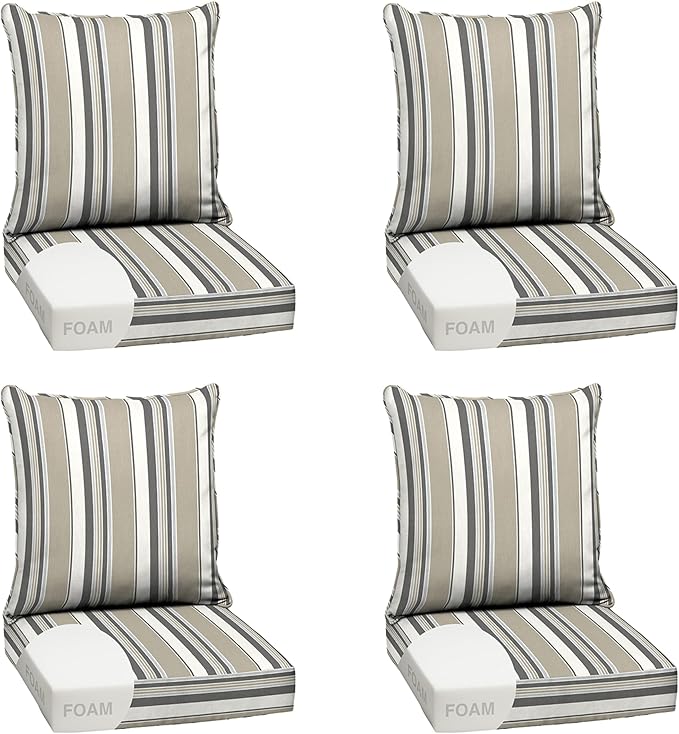 Arden earthFIBER Outdoor Foam Deep Seat Cushion (4-Pack), 24x24, Premium High-Density Foam, Never Flattens, Weather-Proof for Patio Chair Sofa Couch, Taupe Grey Boardwalk Stripe