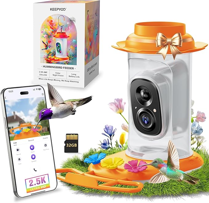 2.5K Hummingbird Feeder with Camera, Wireless Smart Bird Feeders for Outdoors, 2.4Ghz WiFi, AI Bird Identify, Instant Notification, Include 32GB SD Card, Ant Moat & Bee-Proof (Orange)