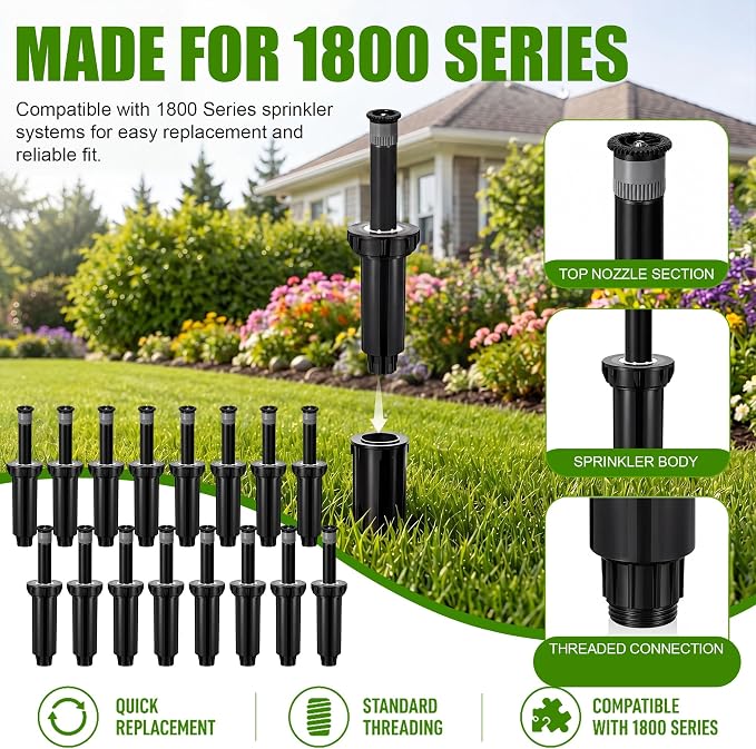 16 Pack Adjustable Sprinkler Heads for Lawn, Compatible with Rain Bird 1800 Replacement Sprinkler Head, 4-Inch Pop-Up, 9-20 ft Radius, 0-360° Adjustable Arc, Efficient Garden Yard Irrigation