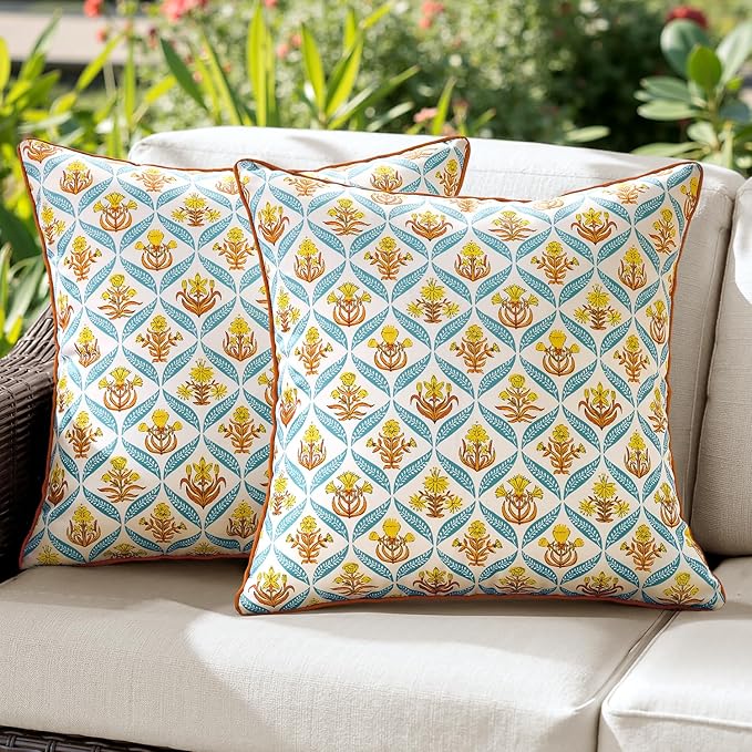 ANRODUO Floral Outdoor Pillow Covers 18x18 Waterproof Set of 2 Block Print Accent Decorative Cushion Cases with Refined Edge Piping for Spring Patio Porch Garden Couch Sofa Bench Decor Orange