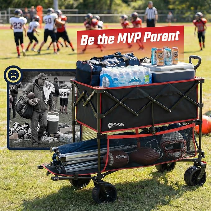 Sekey 500LBS Heavy Duty Double Decker Wagon with Extender, 400L Large Capacity Collapsible Garden Cart Fits 10x10 Canopy, All-Terrain Big Wheels with Brakes, Foldable Utility Wagon for Sports, Camping