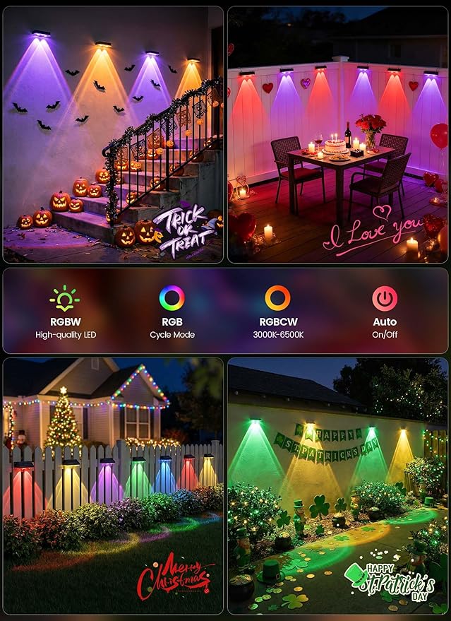 Brightown 8 Pack Solar-Fence-Lights-Outdoor, IP65 Waterproof Warm White & RGB 11 Color Solar Deck Step Flood Lights, Solar Patio Lights for Outside Backyard Yard Home Improvement Wall Railing