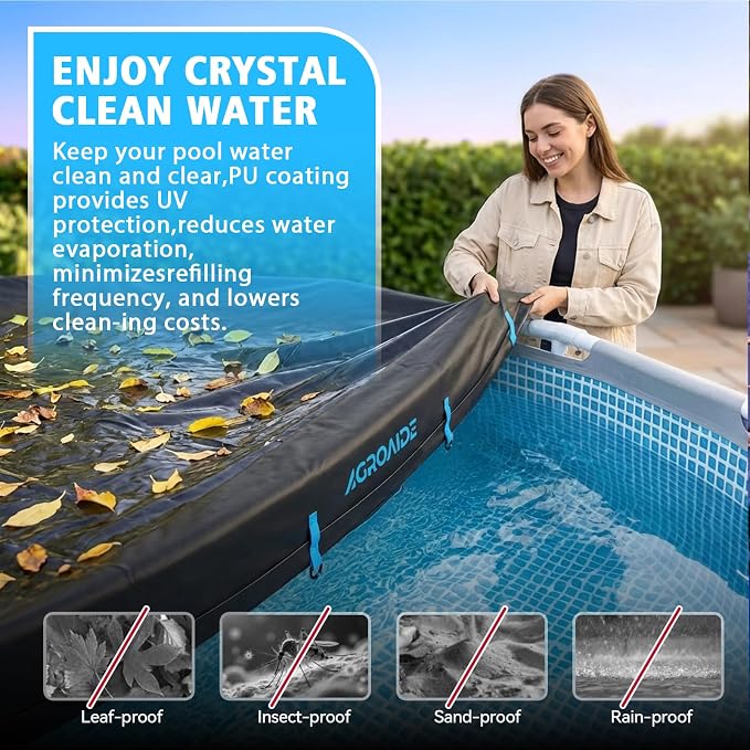 16 Foot Round Winter Pool Cover, Upgraded Seamless Side Design, 3-in-1 Super Windproof System with Fast Ratchet Tie Downs, 420D Oxford Fabric for Above Ground Pool - All Season Use