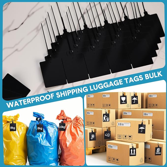Novabright 400 Pcs Black Waterproof Blank Plastic Shipping Tags Bulk 3.94" x 3.15" Large Writable Sealing Mark Labels Tie with String for Luggages Inventory Logistics Keys