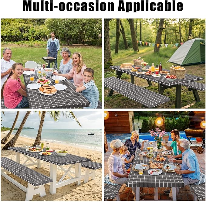 Smiry Picnic Table Cover with Bench Covers, Waterproof Elastic Fitted Tablecloth for 6 Foot Tables, Washable Polyester Tablecloths for Camping, Indoor & Outdoor (Grey & White, 30x72 Inch 3-pc Set)