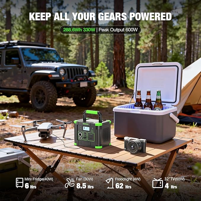 300W Portable Power Station 288.6Wh Solar Generator with 600W Peak, PD 60W USB-C, QC3.0 & 5W Wireless Charger for Camping, Emergency Backup, RV & Home Use