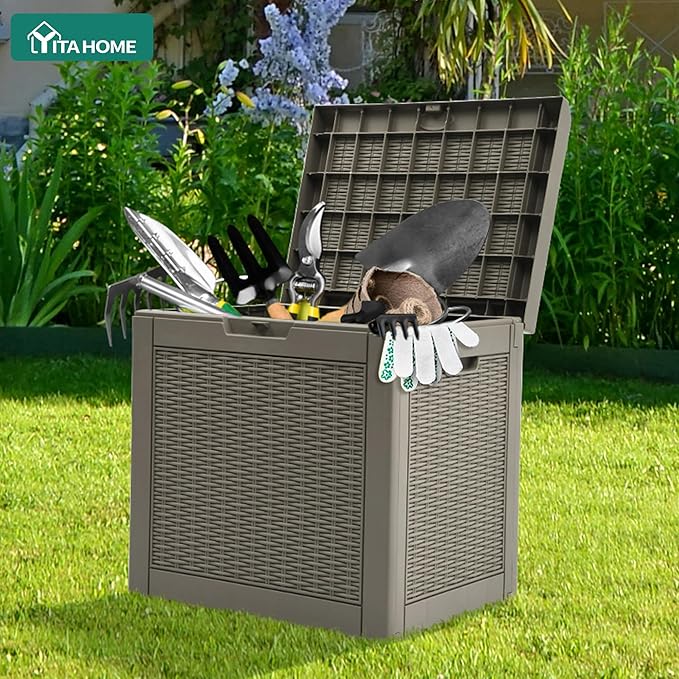 YITAHOME 32 Gallon Rattan Deck Box, Indoor Outdoor Storage Box for Patio Furniture, Pool Accessories, Cushions, Garden Tools, Sports Equipment, Waterproof Resin with Lockable Lid & Side Handles,Brown
