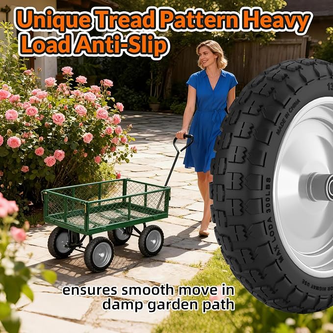 RONPOW 4.00-6 Flat Free Tire and Wheel, 13 Inch Solid Garden Wheelbarrow Tires, 300Lbs with 5/8" & 3/4" Axle Hole, 1"-3.5" Hub for Garden Cart, Wheelbarrow, Hand Truck, for Home Farm, 2Pcs Gray