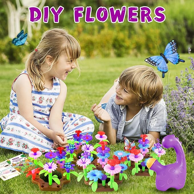 Qtioucp 16Pcs Kids Gardening Tools Outdoor Toys Set Backyard Play with 93 PCS DIY Flower Garden Building Preschool Activities (Purple)