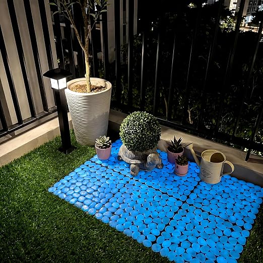 6 Pcs 11.8 Inch Glow in The Dark Stepping Stones for Garden Walkway Square Garden Pebble Floor Tiles Luminous Resin Pavers Stones in Blue Landscaping Rocks for Lawn Backyard Decor