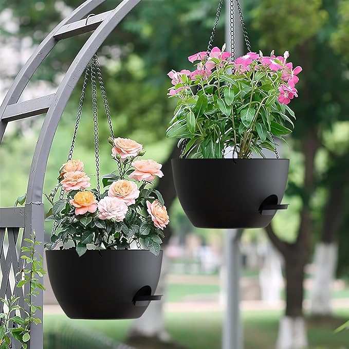 UOUZ Set of 3-10 Inch Self Watering Hanging Planters for Indoor & Outdoor，Hanging Plant Pots with Drainage & Removable Tray, Hanging Pots Holder for Ivy, Spider Plants, Ferns, Balcony & Patio, Black