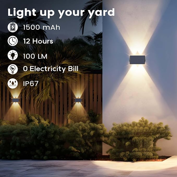 Fence Lights Solar Powered, 4-Pack Solar Fence Lights Up/Down Flexible Buttons, IP67 Waterproof for Outdoor, 100LM Bright, Auto Dusk to Dawn for Wall/Stairs/Yard/Railing/Deck/Pathway (Warm White)