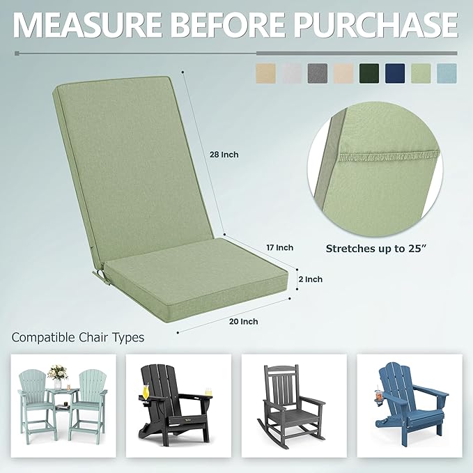 Adirondack Chair Cushions Set of 4 - Removable Covers, Water-Repellent & Fade-Resistant Faux Linen, Securing Straps, Non-Slip Bottom, Fit for Most Outdoor Adirondack & Rocking Chairs - Sage Green