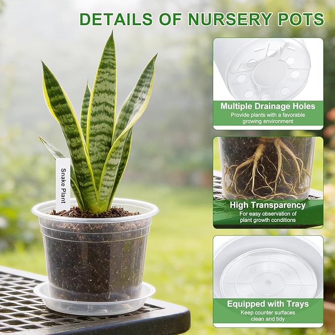5/6/7/10 Inch Clear Nursery Pots with Drainage & Saucers 20PCS , Plant Large Pots with Labels, Seedling Tool & Hole Puncher, Plastic Nursery Pots for Succulents, Seedings, Herbs, Flowers, Vegetables
