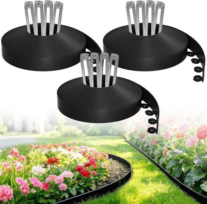 Bonviee 150FT Landscape Edging Kit, 1.5” No-Dig Garden Edging Border with 230 Stainless Steel Stakes, 3 x 50FT Flexible Lawn Edging for Flower Beds, Yard, Tree Rings & Landscaping