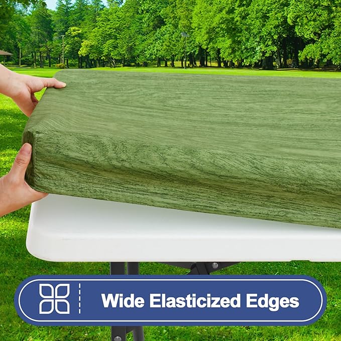Smiry Picnic Table Cover with Bench Covers, Waterproof Elastic Fitted Tablecloth for 6 Foot Tables, Washable Polyester Tablecloths for Camping, Indoor & Outdoor (Green & Black, 30x72 Inch 3-pc Set)