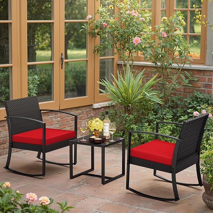 Greesum 3 Piece Outdoor Bistro Set, Imitation Rattan Conversation Set, Patio Furniture with Glass Top Coffee Table for Pool, Deck, Porch, Garden or Balcony, Bright Red