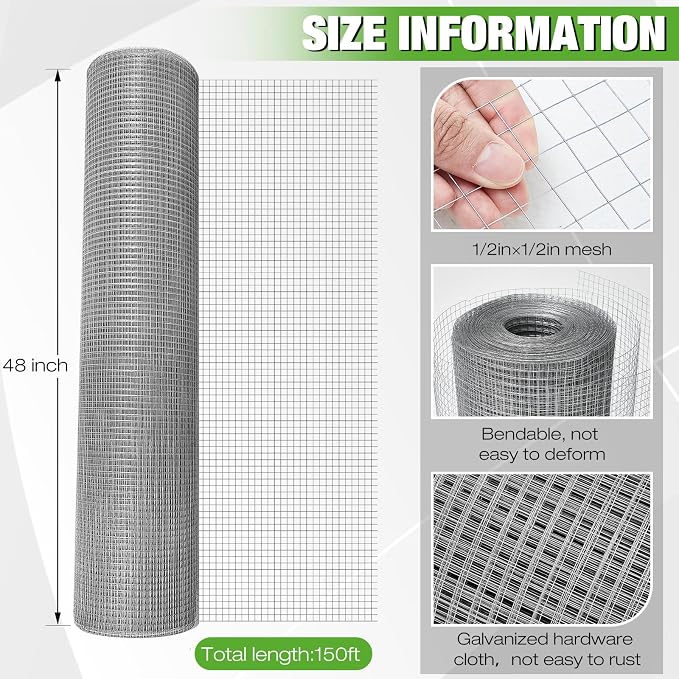 Tatuo Hardware Cloth 1/2 Inch 48in x 150ft Hot Dip Galvanized After Welded Cage Mesh Rolls 21 Gauge Metal Chicken Wire Roll Wire Fencing Poultry Netting for Raised Garden Rodent Animals