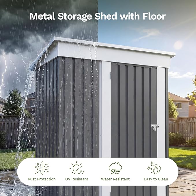 Patiowell 5x3 FT Outdoor Storage Shed with Floor Frame, Small Metal Garden Sheds with Sloping Roof and Lockable Door, Waterproof Patio Tool Shed for Backyard Garden Lawn, Gray