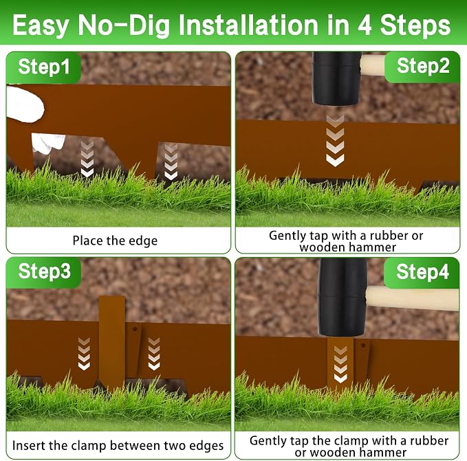 33ft Pre-Rusted Corten Steel Landscape Edging, No-Dig Metal Garden Border, 10 Pack Weathering Steel Interlocking Strips with Clips for Lawn, Path Flower Beds, 4 Inch High