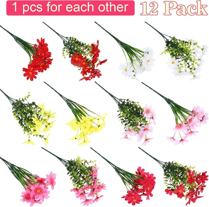Thiccywoov 12 Bundles Artificial Flowers for Outdoors UV Resistant, Faux Greenery Flowers for Porch Planters Patio Window Box Farmhouse Garden Decor
