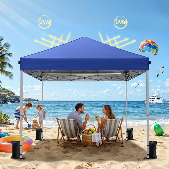 Driftalia 10x10 Pop Up Canopy Tent, Instant Setup Portable Canopy with Carry Bag, 4 Sandbags and 8 Stakes for Outdoor Events, Parties & Camping - Blue