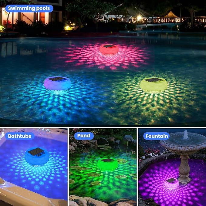 Solar Pool Chlorine Floater, Pool Light that Float With Thermometer, Remote, 8 Lighting, Timing Mode, IP68 Waterproof, Floating Chlorine Tablet Dispenser for Pool, Spa Bathtub, Hot Tub, Pond Decor