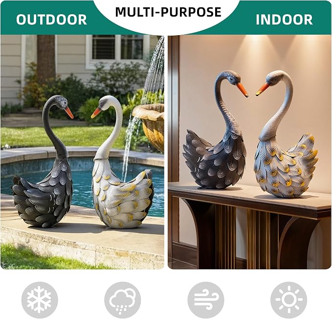 19" Swan Statue Set of 2, Handcrafted Lifelike Metal Swan Sculptures with Ground Stakes, Weatherproof Large Swan Figurines for Garden Patio Yard Decor, Gifts for Women Wedding Housewarming