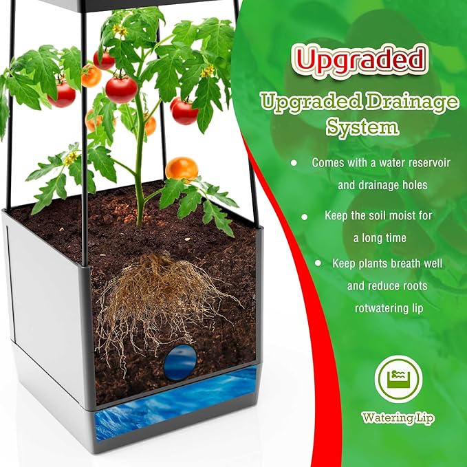 Raised Garden Bed Planter Boxes & Trellis, vanpein Tomato Cage & Planter Pot Outdoor 59" Plant Support with Self Watering for Climbing Vegetable Flowers Vines Plants, Gray