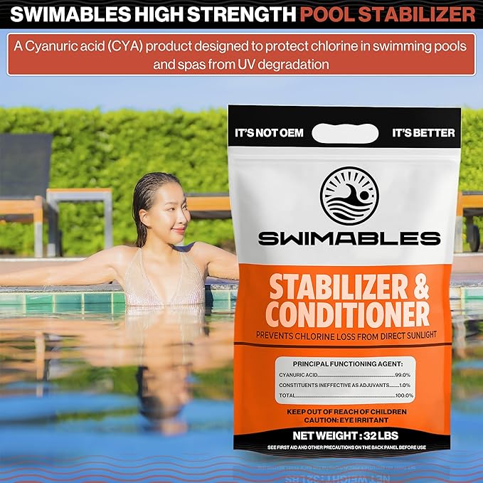 Swimables 32-Pounds Premium Pool Stabilizer & Conditioner, Max Strength Cyanuric Acid for Pools, Spa & Salt Water – Reduces Chlorine Loss, Ideal for Swimming & Hot Tubs