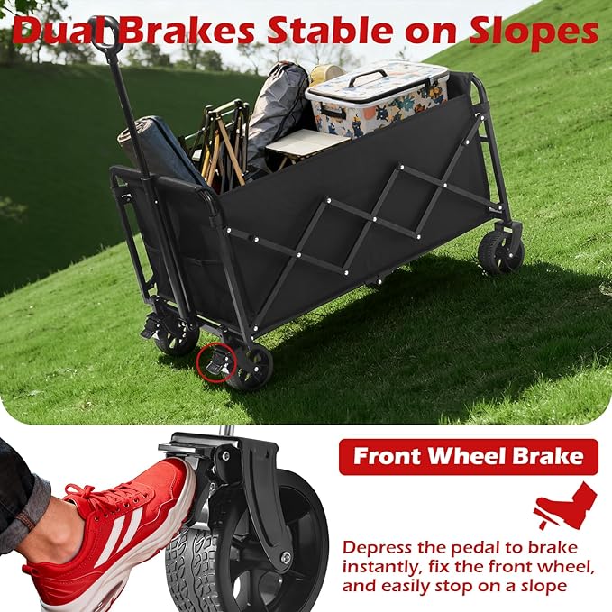 Collapsible Wagons Carts Foldable Wagon, 500LBS Wagon Cart Foldable Heavy Duty with Brakes & All-Terrain Wheels, Large Collapsible Folding Wagons for Beach Camp Sports Grocery, Portable (Black)