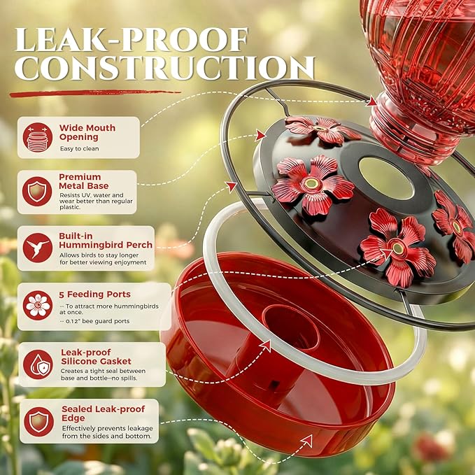 Glass Hummingbird Feeder for Outdoors Hanging, 24Oz Bird Nectar Feeder with Perch & 5 Flower Feeding Ports, Leak Proof for Outside Garden Decor Backyard, Gifts for Women Mom, Red