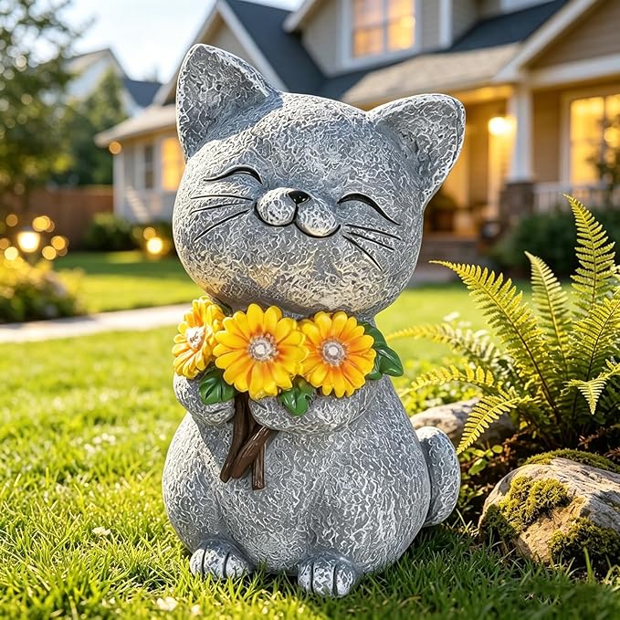Solar Garden Statues Cat with Daisy and LED Lights Birthday Gifts for Women Mom Grandma Solar Outdoor Cat Decor for Outside,Outdoor Solar Lights for Yard, Garden and Patio, Unique Gift for Women