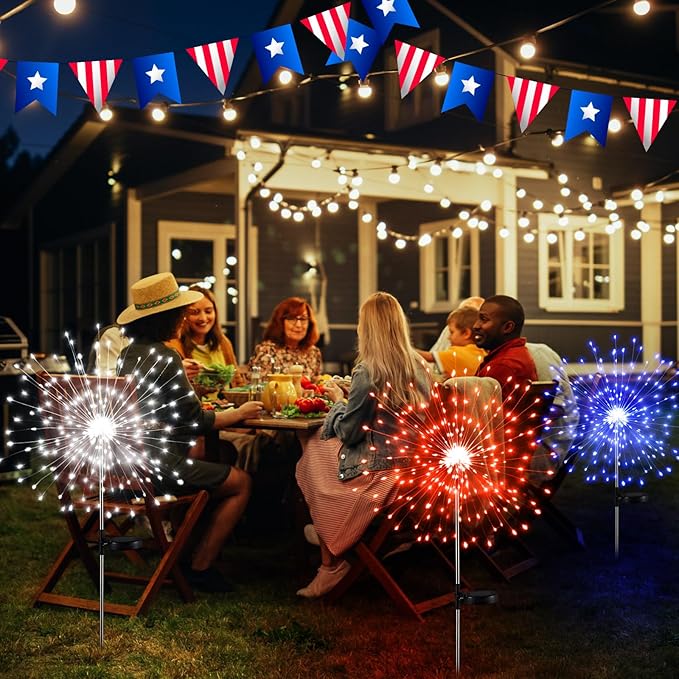 Tujoe 3 Pcs 4th of July Solar Firework Lights Patriotic Solar Light Outdoor Garden 120 LED 8 Modes Waterproof LED Sparkler Light for 250th Anniversary Patio Yard Pathway Walkway (Red,White,Blue)
