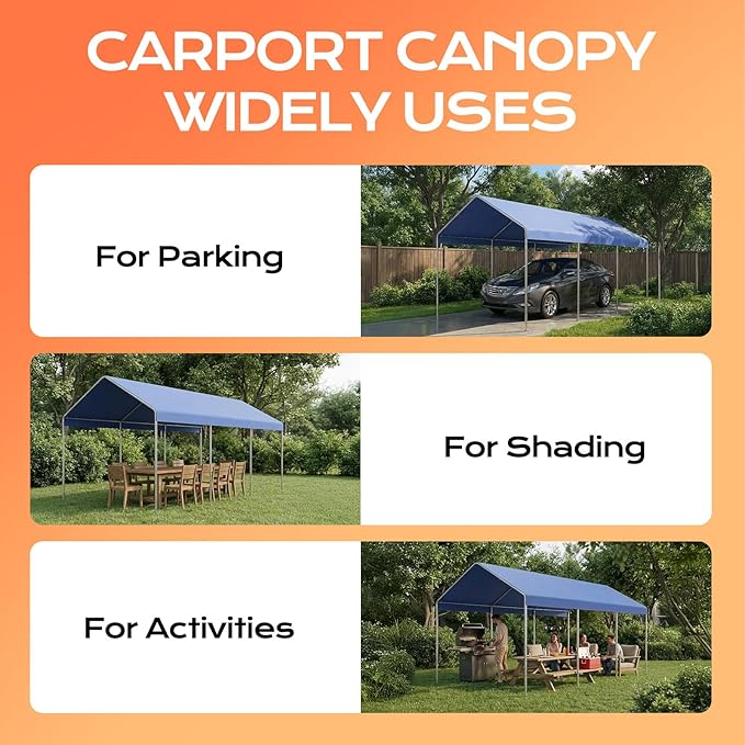 COWVIE 10 x 20 FT Carport Canopy Replacement Cover, with 46Pcs Long Ball Bungees, Waterproof Garage Top Tent Shelter Tarp, Only Top Cover
