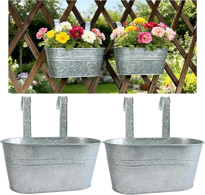 Balcony Galvanized Hanging Planters Railing Flower Pots, Outdoor Metal Fence Planter Pot with Detachable Hooks Drain Hole for Garden Patio Yard Decor (10 Inch, 2Pcs)