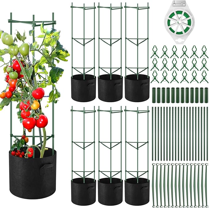 Wenqik 6 Packs Tomato Cage with 7 Gallon Grow Bags 47 Inch Tomato Planter with Trellis 18 Pcs Clips and 328ft Twist Tie Garden Tomato Pot for Vertical Climbing Plants Cucumber