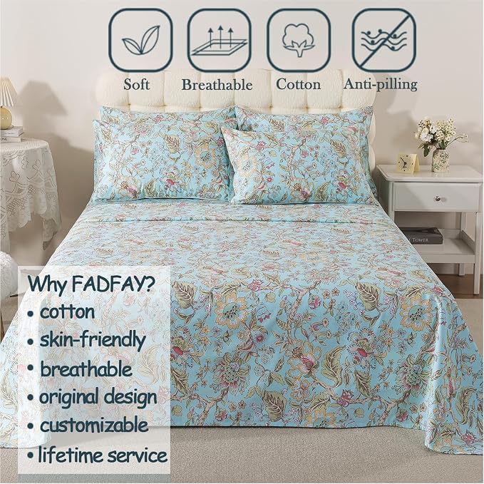 FADFAY Queen Sheet Set 4 Piece 100% Egyptian Cotton Bed Sheets Deep Pocket, Soft Breathable Vintage Blue French Country Bedding Shabby Cottagecore Floral Bedding Luxury Hotel Quality for All Seasons