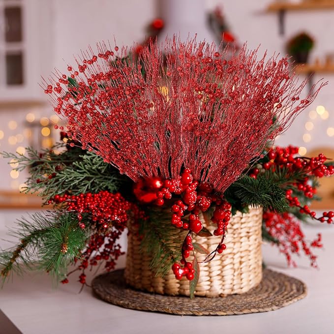 36 Pcs 17'' 15'' Christmas Artificial Glitter Berry Stems 4 Styles Xmas Decorative Tree Picks Branches Large Glittery Twigs for Christmas Tree Xmas Wreath Vase Filler(Red)