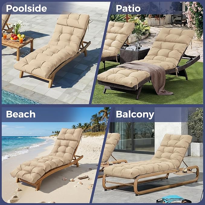 Outdoor Chaise Lounge Cushions 75.1x22.8x4.7 Inch, Waterproof Lounge Chair Cushions for Pool, Patio, Deck, Lawn, Fade Resistant Lounge Cushions for Outdoor Furniture, Beige, Set of 2