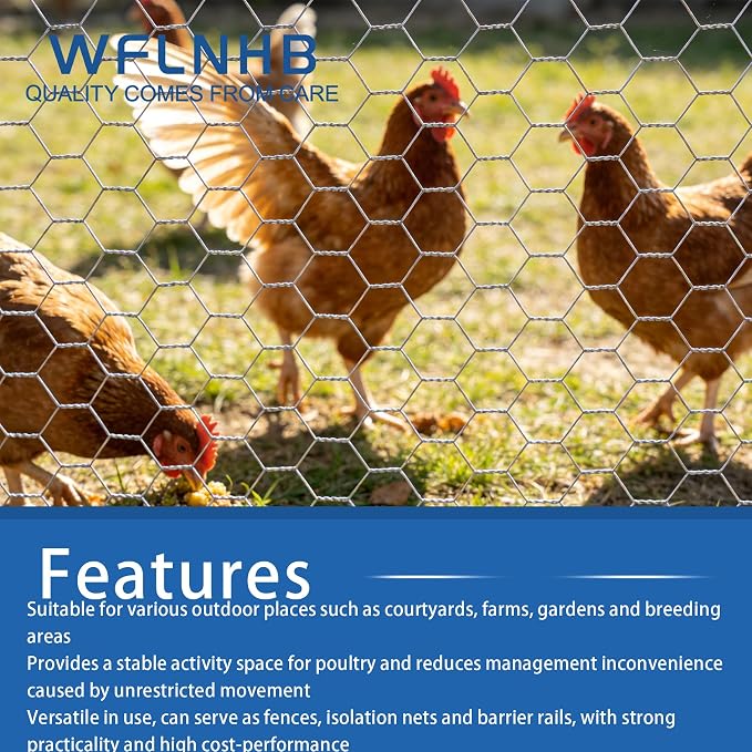 WFLNHB Hexagonal Chicken Wire Poultry Netting Galvanized Mesh Garden Fence Barrier Fence Mesh Roll 6Feet x 50Feet