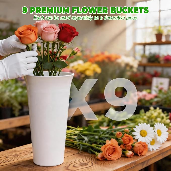 Flower Display Stand with 9 Buckets，3 Tier Metal Flower Cart Display Stand with Wheels, Flower Bar Stand for Garden Flower Shop Indoor Outdoor Wedding Party Decor