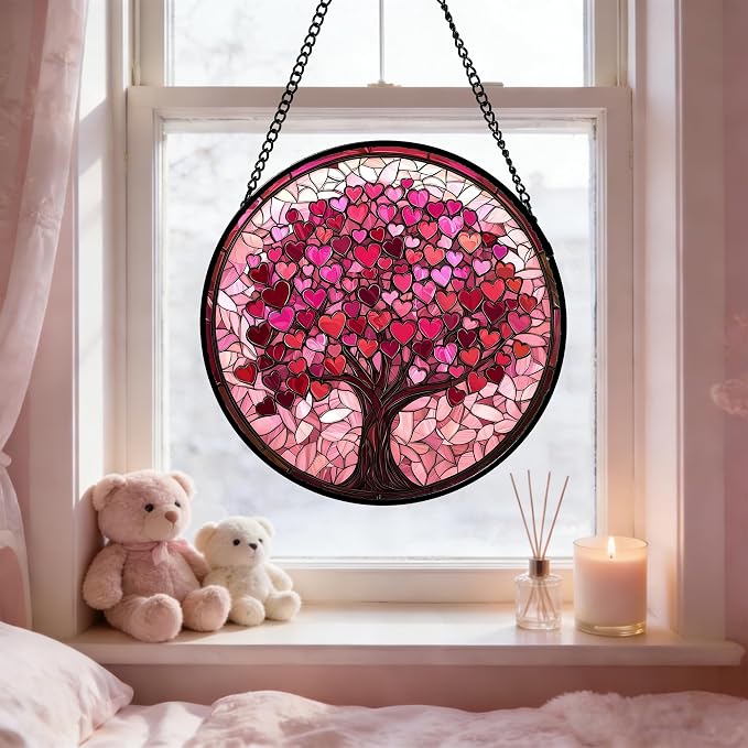 Stained Glass Window Hanging, Birthday Gifts for Women Mom Grandma Nana Wife Couple, Pink Love Tree Suncatcher for Doors Window Home Sun Catchers Gifts Decor 9.8 in