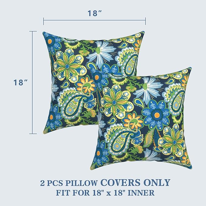 LVTXIII 2 Pack Outdoor Pillow Covers ONLY 18x18 Inch, Water-Repellent Square Decorative Cushion Covers for Patio Furniture, Garden, Sofa, Bohemian Azure