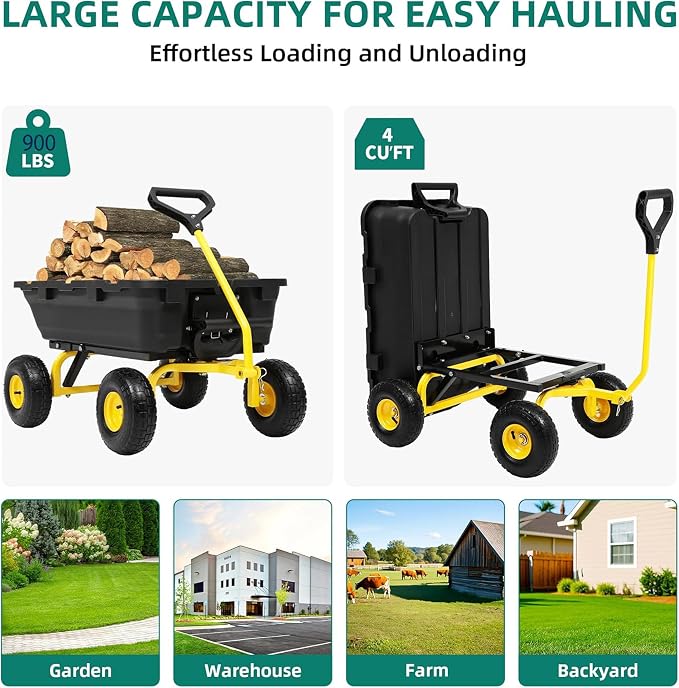 Garden Dump Cart 900Lbs, 2026 Upgraded Heavy Duty Wheelbarrow Dump Wagon with 10" Non-Slip Pneumatic Tires & Quick-Release Dumping, 4-Wheel Steel Frame Utility Carts for Yard,Farm and Garden