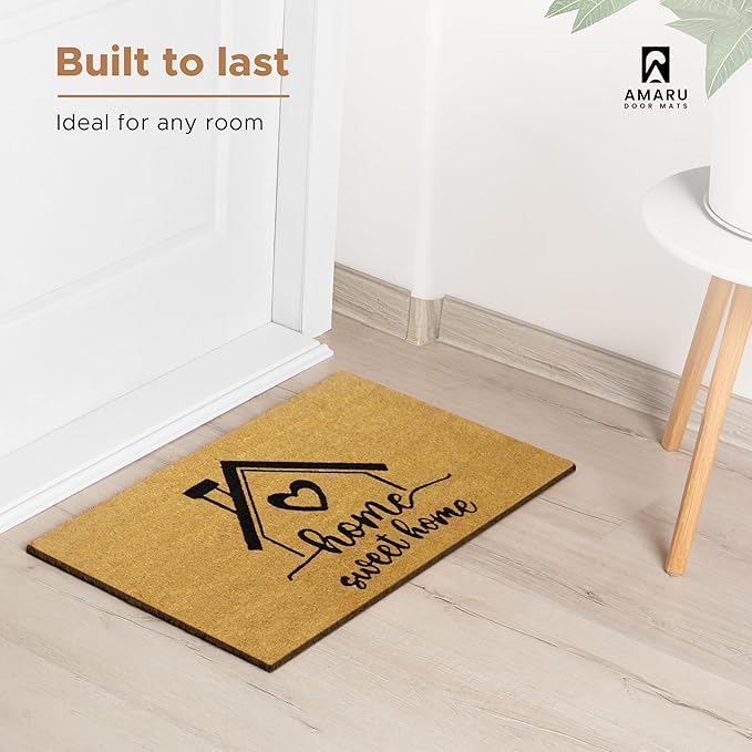 Home Sweet - 17"x29" - Coir Door Mat with Heavy Duty Backing - Welcome Mats for Entryway, Porch - Anti-Slip PVC & Coconut Fiber Surface - Natural Home Accessories, Minimalist Original Design