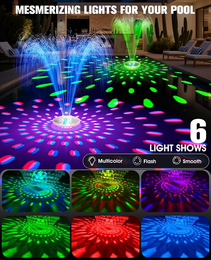2PKS Solar Pool Fountains with Light Show,2026 Upgraded Large Solar Pool Water Fountain Kit, Floating Pool Fountain for Above Ground Pool,Solar Floating Fountain Pumps for All day Use